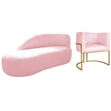 Imagem de Kit Divã Luna 160cm Lado Esquerdo E 01 Poltrona Base De Ferro Dourado Suede Cor Rosa Bebê