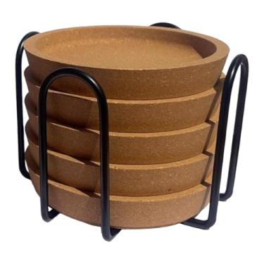 Imagem de AFXGUSD Conjunto de 5 Porta-Copos Redondos de Cortiça com Borda Antiderrapante e Suporte de Ferro para Mesa de Centro e Xícaras