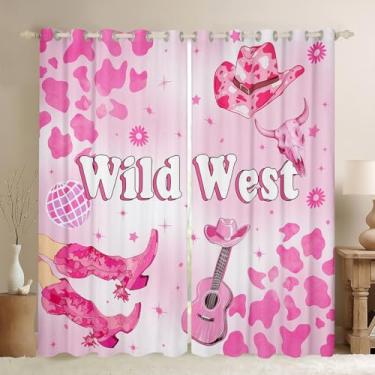 Imagem de Erosebridal Cortinas de janela ocidental, cortinas e cortinas de chapéu de vaqueira rosa para meninas e adolescentes, decoração de quarto de violão, estampa de vaca rosa, 2 painéis, 96 x 137 cm