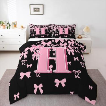 Imagem de jejeloiu Conjunto de cama com laço fofo para meninos e meninas, com letra H, solteiro, preto, rosa, coquete, laço, edredom com monograma, 2 peças com 1 fronha