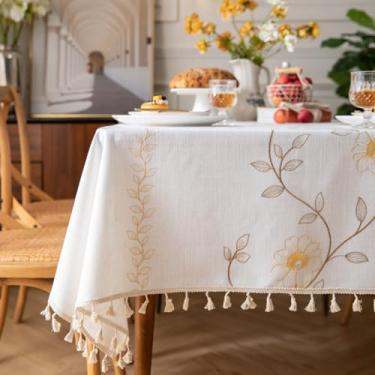 Imagem de Toalha de mesa floral para mesas retangulares toalha de mesa rústica de tecido de fazenda, bordada, pesada, com borlas, sem rugas, lavável para decoração de cozinha, festa, amarelo, 139,7 x 221 cm