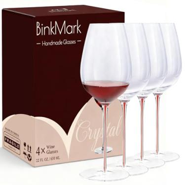 Imagem de BinkMark Conjunto de 4 taças de vinho tinto, 623 g, taças de vinho de cristal premium sopradas à mão, haste vermelha, borda fina, perfeita para vermelho ou branco, uso diário, aniversário de casamento