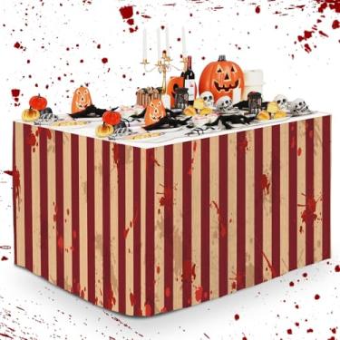 Imagem de 1 PÇ Saia de mesa listrada para festa de Halloween sangrenta saia de mesa de carnaval de Halloween dia das bruxas tema sangrento circo assustador capa de mesa de festa de terror decorações de festa
