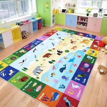 Imagem de Lacomfy Tapete de sala de aula infantil 1,5 x 2,3 m ABC Tapete para quarto de meninos e meninas, tapete de berçário de animais do oceano e da floresta, tapete educativo para sala de jogos