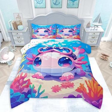 Imagem de Feelyou Lindo conjunto de edredom Axolotl tamanho casal, salamandra, verão, para meninos e meninas, decoração de quarto, 3 peças, 1 edredom + 2 fronhas