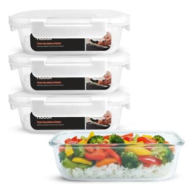 Imagem de 4 Potes Vidro Tampa Hermética 640ml Marmita Travas Premium (Branco)