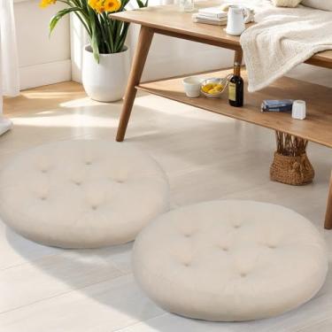 Imagem de YUNLUYE Conjunto de 2 almofadas de chão de meditação, almofadas grandes redondas para adultos, almofada de veludo cotelê tufado para sala de estar tatami, 55 x 55 cm FP-Beige-R