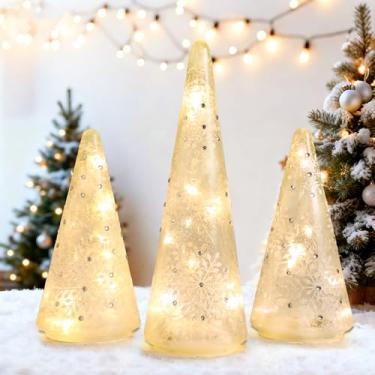 Imagem de MUMTOP Decorações de Natal internas, conjunto de 3 luzes de árvore de Natal de vidro, árvore de Natal de mesa operada por bateria com luzes LED e temporizador para mesa de centro de mesa, quarto