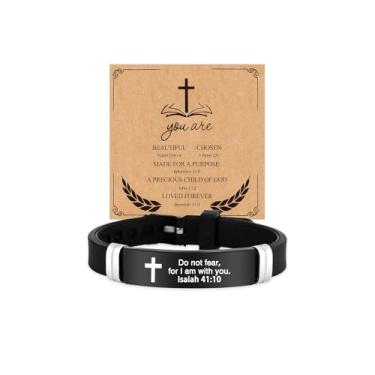 Imagem de KummerSaprk Pulseiras Jesus Cristãs para Homens Pulseira Cruzada Verso Bíblico Pulseira Pulseira Fé Pulseira Presentes Cristãos para Homens, Large, Aço inoxidável, Sem Pedra Preciosa