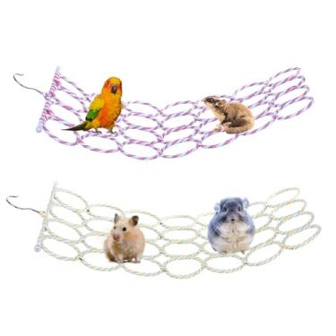 Imagem de Josojoou Pacote com 2 redes de escalada de rato para gaiola, corda de escalada, poleiro, balanço de pássaros, ponte de escada de corda, rede de rato pendurada, brinquedo de atividade de pequenos
