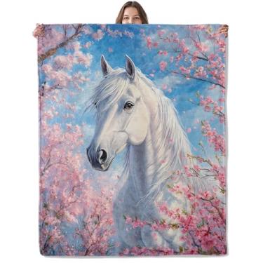Imagem de Lugiu Cobertor de cavalo romântico, leve e confortável para cavalos brancos com cobertores de flor de cerejeira para sofá, quarto, cobertor de flanela de viagem macio para mulheres, adultos e crianças