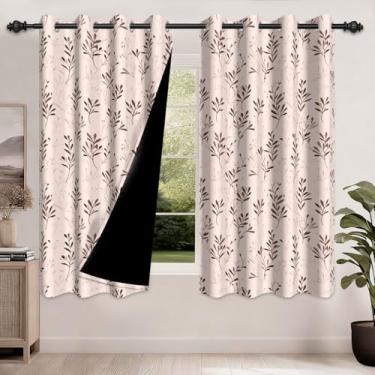 Imagem de GICDSU Conjunto de 2 painéis de cortinas blackout rosa de 153 cm de comprimento, cortinas blackout com padrão de folha rosa com ilhós pendurados para quartos, salas de estar e salas de jantar