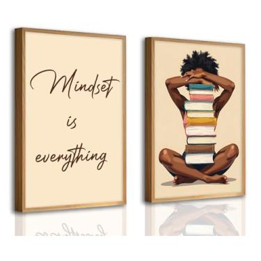 Imagem de Arte de parede de menina negra mulher afro-americana lendo decoração de parede moderna garota negra com livros pôster mentalidade é tudo impressões inspiradoras citação imagens para biblioteca de