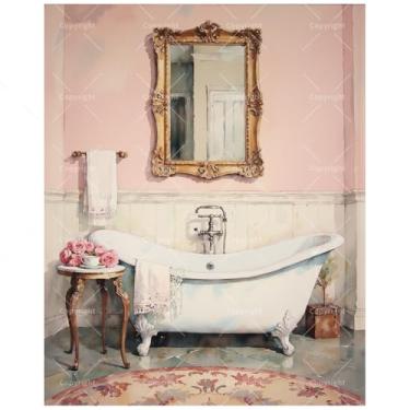 Imagem de Kit de pintura vintage para banheira por números para adultos - decoração floral DIY e pintura de cena espelhada em tela 40,6 x 50,8 cm, conjunto de tinta acrílica, adequado para iniciantes, arte para