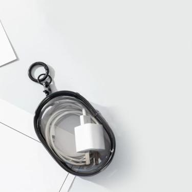 Imagem de Caixa organizadora de 2 peças com chaveiro, bolsa de gerenciamento de cabos de mesa preta transparente com zíper, armazenamento de régua elétrica para escritório, casa, acessórios de mesa e artigos de