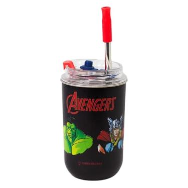 Imagem de Zonacriativa – Copo Neo com Canudo Vingadores Marvel 300ml em Aço Inoxidável e Plástico | Tampa com Vedação por Pressão | Canudo de Inox com Protetor de Silicone