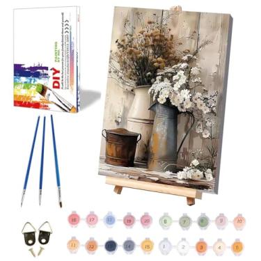 Imagem de Pintura de flores vintage por números para adultos com tela emoldurada - com cavalete de madeira, pintura de flores rústicas por número em tela, kits de pintura a óleo acrílica DIY com pincéis para