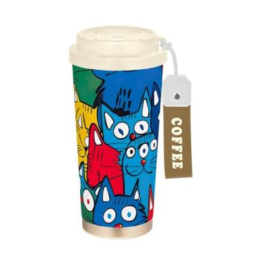Imagem de SEHANY Caneca de viagem de gato gatinho fofo de 482 g xícaras de café reutilizáveis revestidas de cerâmica com tampa à prova de vazamento, parede dupla, isolamento a vácuo, copo de café de aço