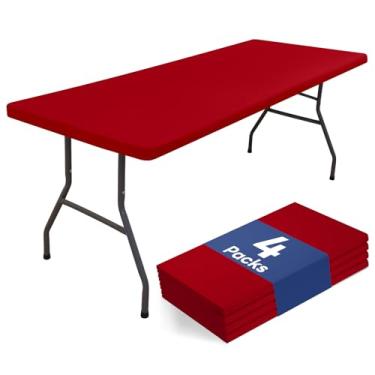 Imagem de homing Pacote com 4 toalhas de mesa retangulares de 2,5 m, toalha de mesa elástica de poliéster impermeável, capa de mesa lavável para piquenique, acampamento, ao ar livre (vermelho, 76 cm x 243 cm)