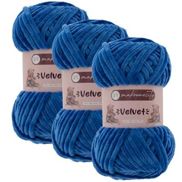 Imagem de Makromecity 3 novelos de fio de veludo 100 g (3,5 oz) / 120 m (132 jardas) fio de chenille premium 100% poliéster, ultra macio, antibolinhas, lavável na máquina, 30 cores para tricô e crochê (azul