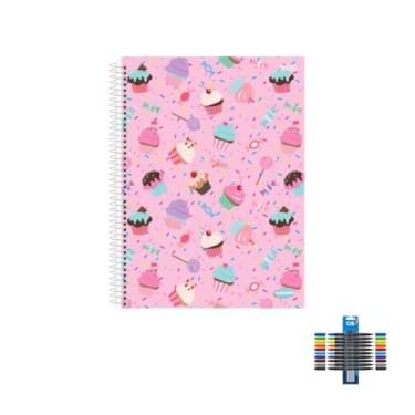 Imagem de Kit Caderno Feminino 10 Matérias Capa Dura 200 Folhas + Caneta Esferográfica Spiro 0.7mm + Marcador Artístico Brush Dual Tip 10 Cores