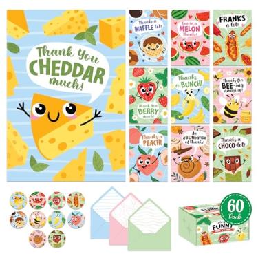 Imagem de Decorably Pacote com 60 cartões de agradecimento coloridos de 8,9 x 12,7 cm com envelopes engraçados e adesivos, 10 desenhos divertidos cartões de agradecimento com envelopes infantis - aniversário