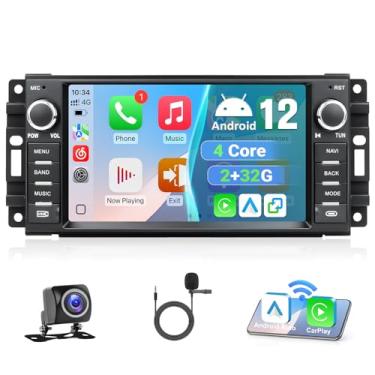Imagem de Leadfan Android 12 estéreo automotivo para Jeep Compass Radio Dodge Ram 1500 Chrysler com CarPlay sem fio Android Auto, substituição de rádio de tela sensível ao toque com câmera de backup de rádio FM