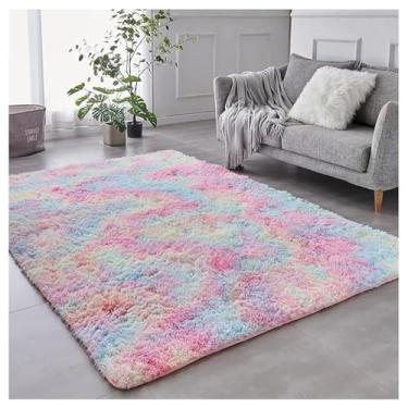 Imagem de SPXMQSS Tapete macio e longo de pelúcia para sala de estar, tapetes antiderrapantes que não caem para quarto, lavável à máquina para sala de estar, quarto, cabeceira, casa gradiente rosa 200 x 300 cm