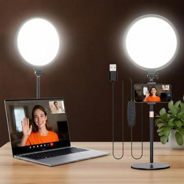 Imagem de Uyled Anel de luz de mesa de 26,7 cm com suporte de 10 níveis, luz de LED regulável com suporte de telefone, iluminação de zoom estável para chamadas de vídeo de computador, gravação de conferência