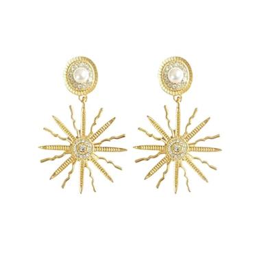 Imagem de Brincos femininos com pingente de sol boêmio, vintage, banhado a ouro, girassol, pérola, elegante, declaração sunburst, moda, imitação de zircônia cúbica, casamento, uso diário, joias para dia dos