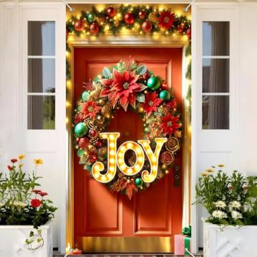 Imagem de BlissYard Capa de porta de Natal, guirlanda de alegria, 89 x 188 cm, luzes de poinsétia, fundo de cabine de fotos para festas de fim de ano, faixa festiva para porta da frente, tecido de poliéster