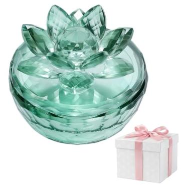 Imagem de Dounx Caixa de joias de cristal, pequena jarra de vidro com tampa, suporte de armazenamento de flores de lótus transparente para mulheres, prato organizador elegante para anel, brincos, colar