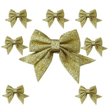 Imagem de Pacote com 8 laços de Natal para decoração de árvores, laços de guirlanda com glitter de 14 cm, pequenos laços decorativos para topo de árvore de Natal, casa, guirlanda e artigos de festa (ouro)