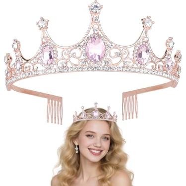 Imagem de AddLotLot Tiara de coroa de princesa com pentes, tiara de cristal, coroas elegantes de princesa, tiaras de noiva, strass, acessórios de cabelo rosa para mulheres, meninas, aniversário, formatura