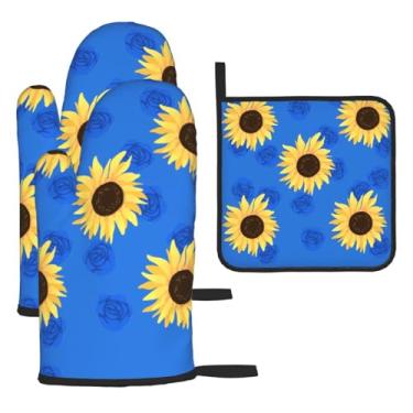 Imagem de Girassol – Conjunto de cozinha essencial com 3 peças, luvas seguras para calor e aderência de tampa, proteção para churrasco no forno, design de armazenamento suspenso.