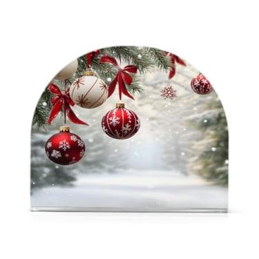 Imagem de Qilmy Suporte de guardanapo de fundo de bola de decoração de Natal para mesas, porta-guardanapos de papel de placa acrílica elegante, dispensador de papel de seda independente moderno para sala de