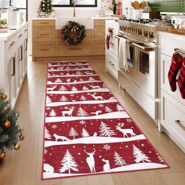 Imagem de Garvee Tapete de corrida de 5 x 15 cm, tapetes de Natal com rena e floco de neve para decoração de férias, tapete lavável antiderrapante para cozinha, entrada, sala de estar, quarto, vermelho