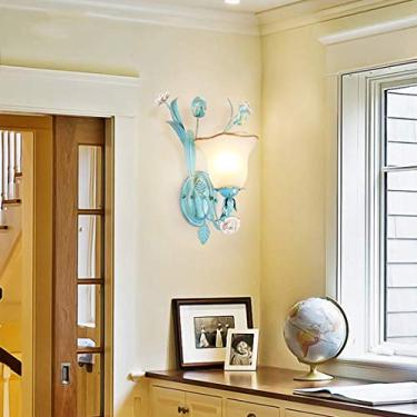 Imagem de Arandela de parede azul mediterrânea com cúpula de vidro floral campestre, luminária de cabeceira rústica rosa para quarto, sala de estar, corredor, varanda, 1 braço.