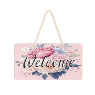 Imagem de Burbuja Placa de boas-vindas elegante de buquê floral para porta da frente, placa de boas-vindas de PVC para pendurar na parede, decoração de férias, 15 x 28 cm