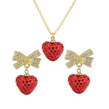 Imagem de coadipress Conjunto de colar de brincos de coração vermelho com strass para mulheres joias de dia dos namorados presentes para ela brincos de gota de coração brilhante de cristal acessórios de roupa