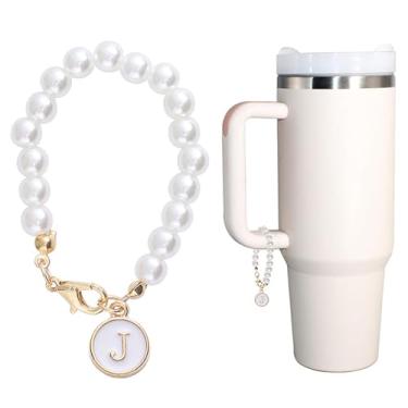 Imagem de Fxkoolr Berloques de letras para Stanley Cup, corrente de pérola personalizada com nome de identificação e pingente de decoração para Stanley Copo de 30 e 1,134 g com alça, branco, White Charm,