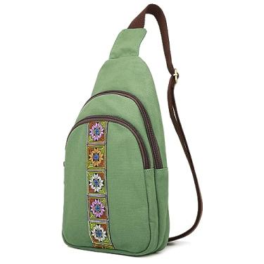 Imagem de SILKAREA Bolsa tiracolo de lona para mulheres, bolsa tiracolo pequena, mochila de viagem, caminhada, mochila para o peito, Verde escuro, Medium, Bolsa tiracolo feminina Boho com alça transversal