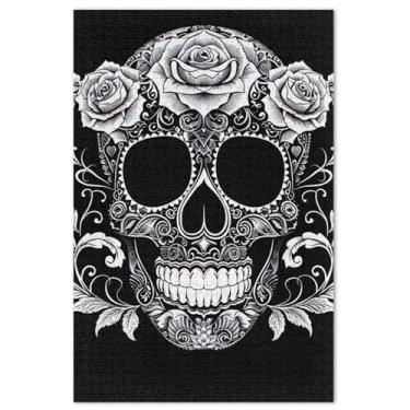 Imagem de Quebra-cabeças engraçados com flores e rosas de caveira para adultos, 1000 peças, presentes engraçados para amantes de quebra-cabeças, pintura colorida