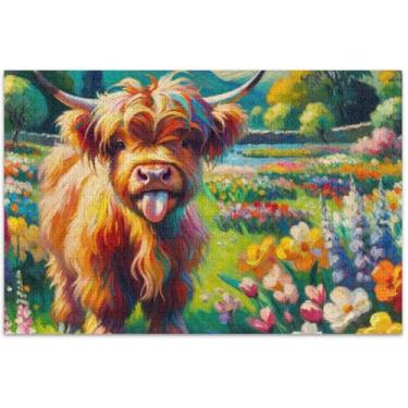 Imagem de Quebra-cabeças engraçados com flores de primavera de vaca Highland 500 peças para adultos presentes de elefante branco engraçado personalizado natureza quebra-cabeça pintura de belas artes, 20,5 x