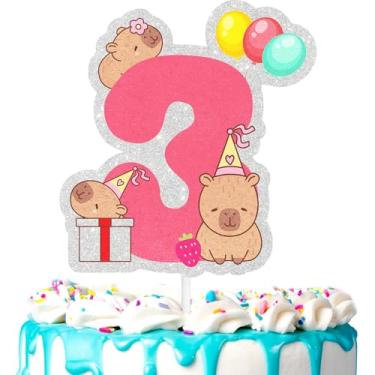 Imagem de Bonitos enfeites de bolo de capivara infantil 3º animal selvagem temático feliz zoológico, festa de aniversário amante de capivara para meninos e meninas, festa animal, suprimentos de decoração de