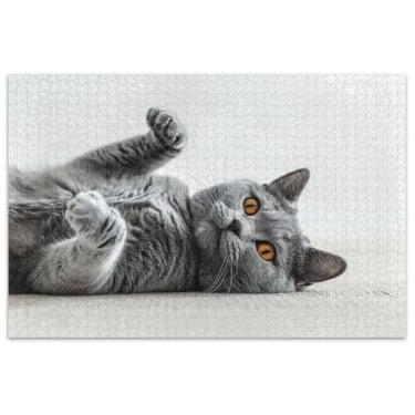 Imagem de Quebra-cabeça de gato cinza deitado de costas para adultos, 500 peças, presentes de elefante branco, quebra-cabeças engraçados e difíceis, pintura de brinquedos artísticos