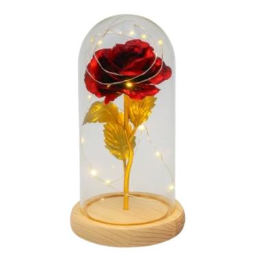 Imagem de Genérico Flor Artificial na Cúpula de Vidro com LED, Rosa Vermelha com Haste Dourada, Base de Madeira, 22cm, Decoração para Casa