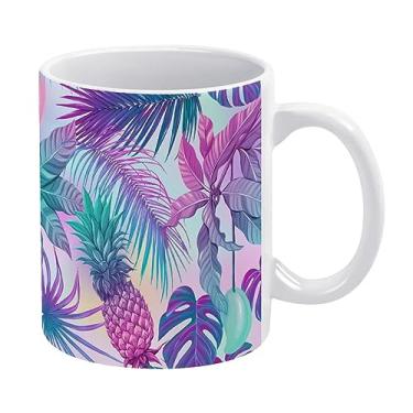Imagem de Palmeiras tropicais azuis roxas sem costura, plantas, abacaxi, copo de cerâmica branca, caneca de chá de 325 ml, caneca de café, caneca de leite, copo de cerâmica de suco para escritório em casa, café