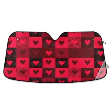 Imagem de Guarda-sol personalizado vermelho preto corações quadrados carro para-sol para-brisa caminhão dobrável engraçado pára-brisa automotivo para-sol proteção M, 139.7 cm x 70.1 cm