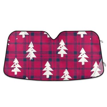 Imagem de Árvore de Natal xadrez vermelha bloqueador solar de carro blocos de para-brisa raios UV sombra da janela dianteira do carro mantém o veículo fresco médio